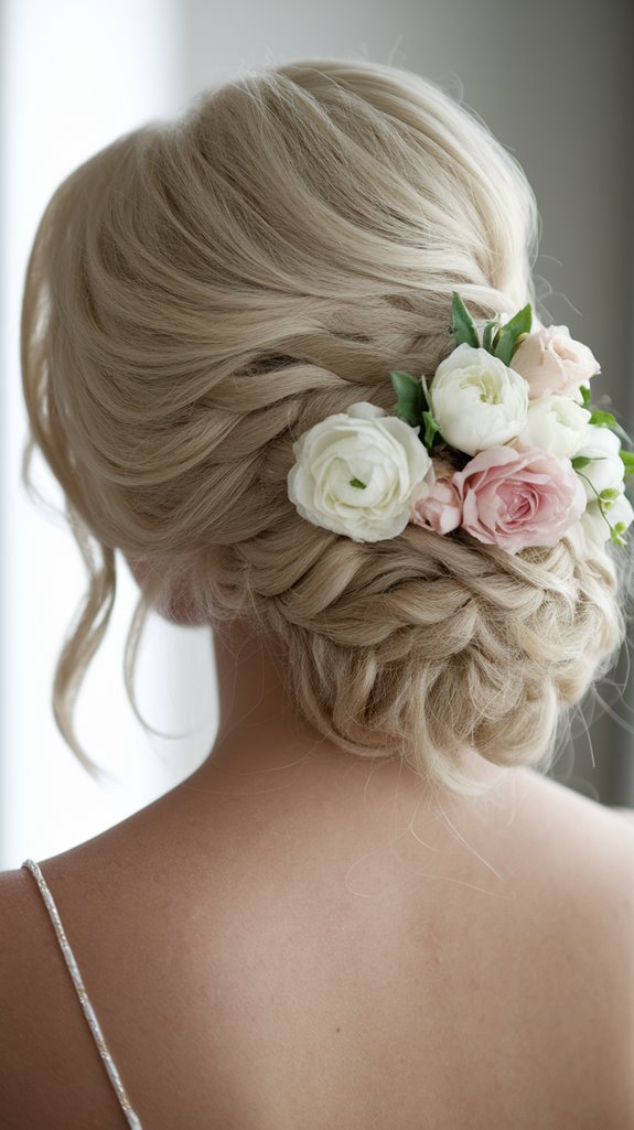 elegant side swept floral updo