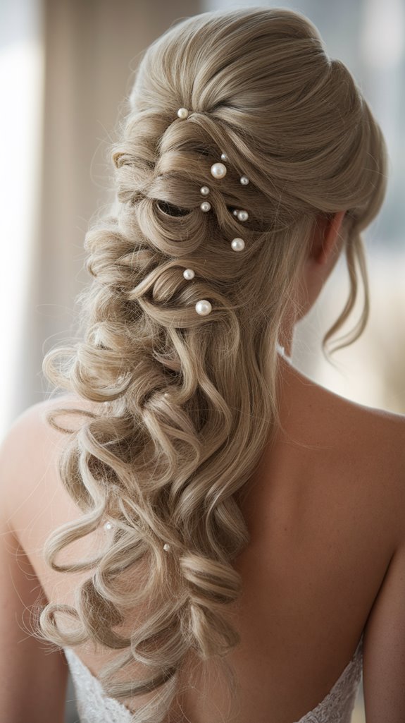 glamorous side swept updo pearls