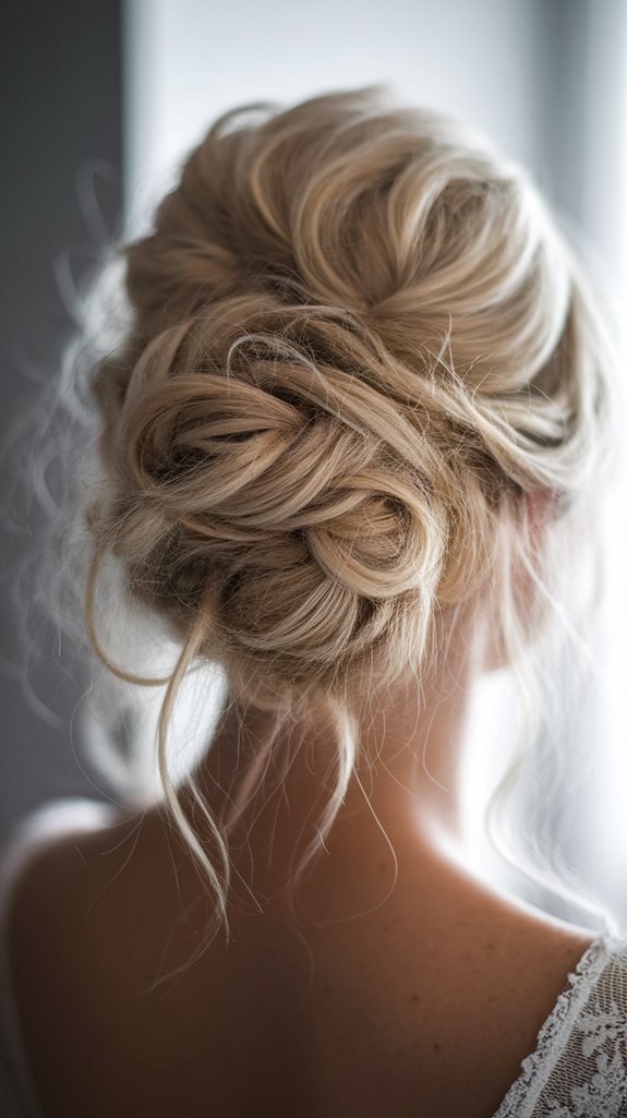 messy bun with tendrils