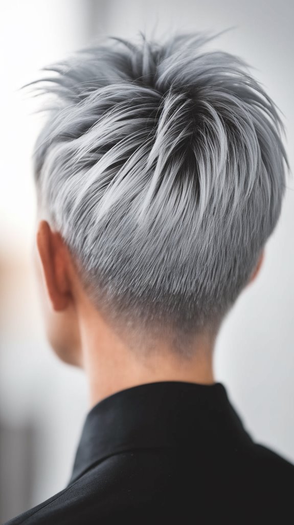 sharp angled grey pixie haircut