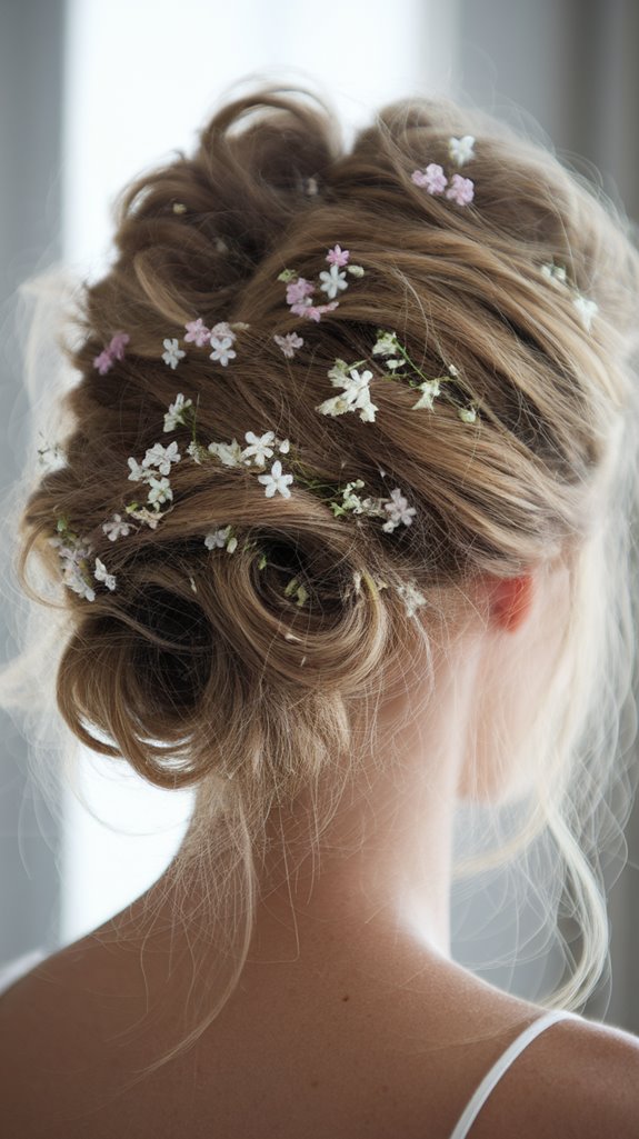 textured floral pinned updo